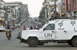 United Nations [UN] peacekeepers patrol in their vehicle during Liberia's presidential election run-off, along a street in Monrovia, Liberia, November 8, 2011.