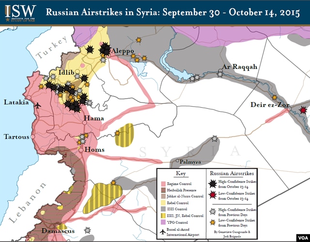 Institute for the Study of War, map of Russian airstrikes in Syria, Sept. 30 - Oct. 14, 2015