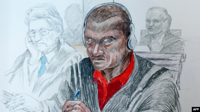 Court sketch made on October 2, 2012 by artist Marco Vaglieri shows Sadi Bugingo, the suspect in the Rwandan genocide case. 