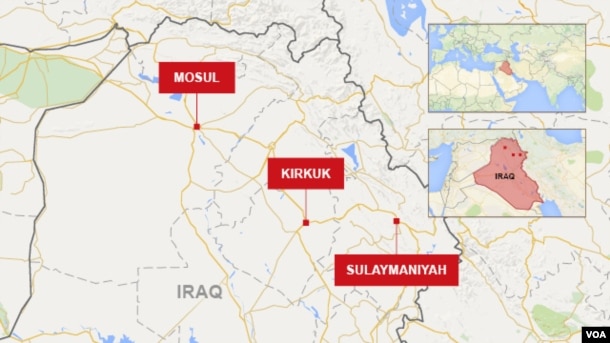Map of Sulaymaniyah, Kirkuk and Mosul in Iraq.