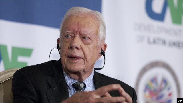 El exmandatario Jimmy Carter durante la conferencia anual de la Corporación Andina de Fomento (CAF), Banco de Desarrollo de América se mostró "muy complacido" con los diálogos de paz que inició el gobierno colombiano con las FARC.