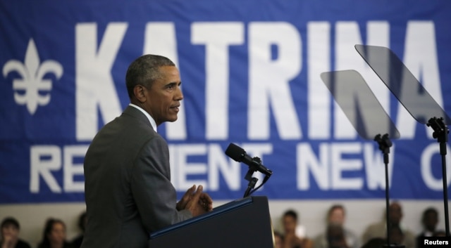 U.S. President Barack Obama delivers a speech at the Andrew P. Sanchez Community Center in Lower Ninth Ward of New Orleans, Louisiana, Aug. 27, 2015.