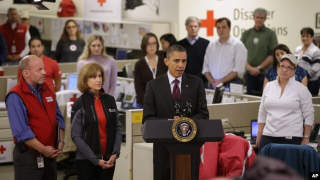 President Barack Obama speaks during visit to Red Cross in Washington Oct. 30, 2012
