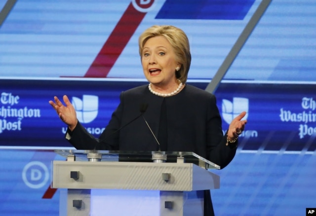 Democratic presidential candidate, Hillary Clinton speaks at the Univision, Washington Post Democratic presidential debate at Miami-Dade College in Florida, March 9, 2016.
