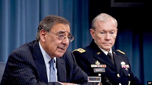 Defense Secretary Leon E. Panetta and Army Gen. Martin E. Dempsey, chairman of the Joint Chiefs of Staff brief the media in the Pentagon Briefing Room on major budget decisions stemming from the defense strategic guidance,  January 26, 2012.