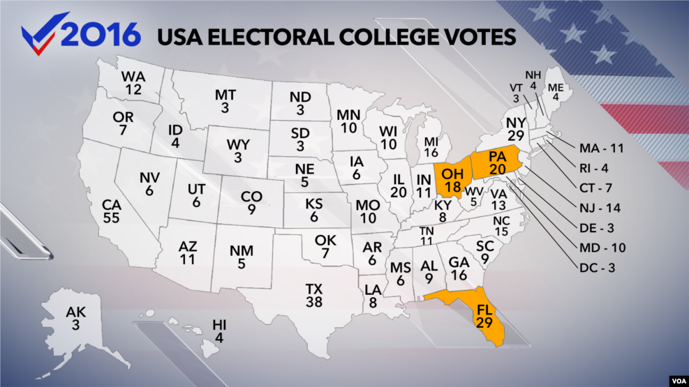 Ramani inaonyesha kura za wajumbe wa 'Electoral College" mwaka huu 2016.