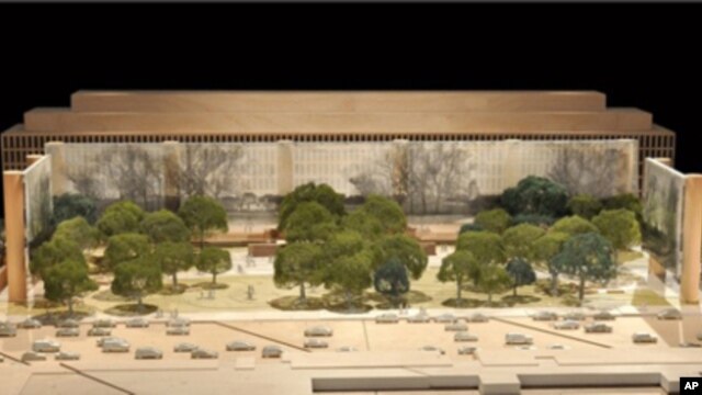 The proposed Eisenhower Memorial emphasizes President Eisenhower’s pastoral youth in rural Kansas, while scenes from the war and Ike’s presidency appear on a series of tapestries in the background.