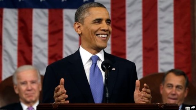 President Barack Obama, flanked by Vice President John Biden and House Speaker John Boehner delivers his State of the Union speech Feb. 12, 2013