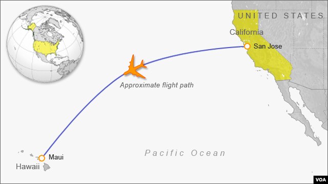 Flight path for plane carrying stowaway. 