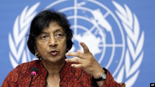 U.N. High Commissioner for Human Rights South African Navanethem Pillay gestures during a press conference at the European headquarters of the United Nations in Geneva (file)