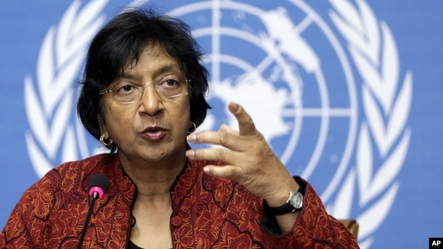 High Commissioner for Human Rights South African Navanethem Pillay gestures during a press conference at the European headquarters of the United Nations in Geneva (File)