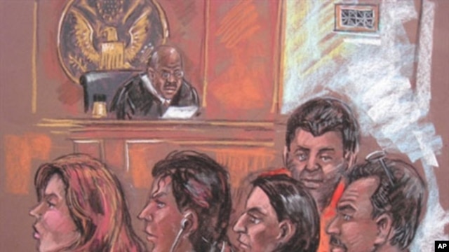 Drawing showing five of the 10 arrested Russian spy suspects in a New York courtroom, 28 Jun 2010