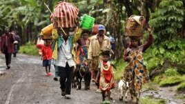 Internally displaced Congolese carry their belongings as they flee to safety, fearing renewed clashes between government forces and rebels in eastern Democratic Republic of  Congo, May 21, 2012.