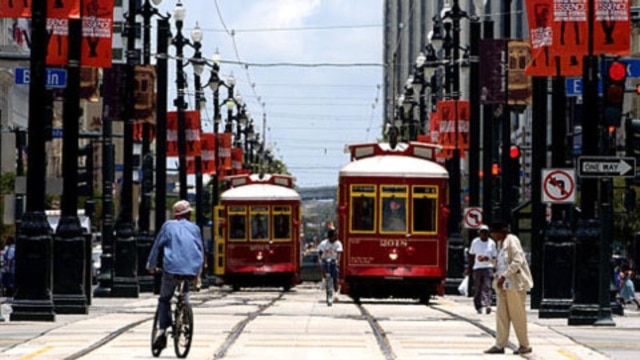 Streetcars along Canal Street in New Orleans, Louisiana