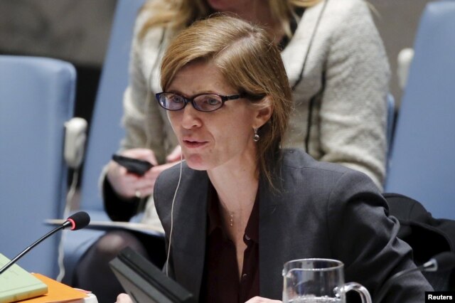U.S. Ambassador to the United Nations and current Security Council President Samantha Power speaks to members of the Security Council at the United Nations Headquarters in New York, Dec. 16, 2015.