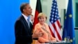 Presiden Amerika Barack Obama didampingi Kanselir Jerman, Anglea Merkel saat memberikan keterangan kepada media seusai pertemuan di Berlin (19/6).