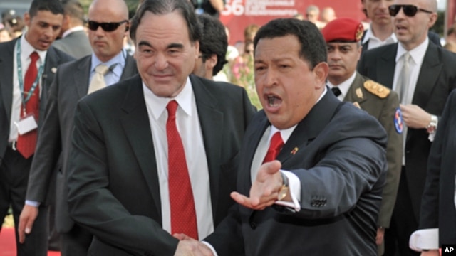 Filmmaker Oliver Stone with Venezuelan President Hugo Chavez in Venice.