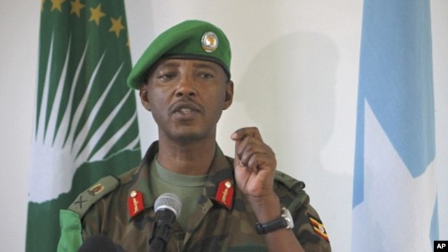 Current African Union Mission in Somalia (AMISOM) Force Commander Major General Fred Mugisha, speaks to the Somali media at the mission's headquarters in the capital Mogadishu in this handout photo taken April 26, 2012. 