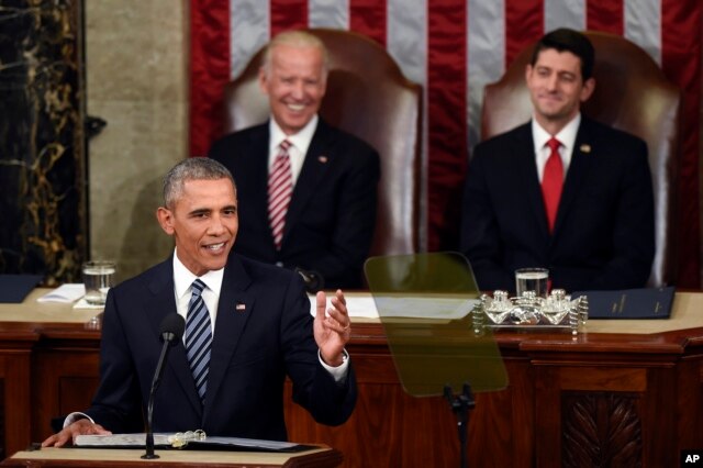 Vice President Joe Biden and House Speaker Paul Ryan listen as President Obama gives his State of the Union address, Jan. 12, 2016.