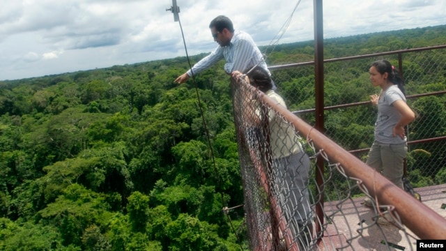 Research assistant Fabian Limonchi checks equipment on a 42-meter observation tower in the Tambopata National Reserve in the Amazon rainforest in Madre de Dios, Dec. 4, 2012.