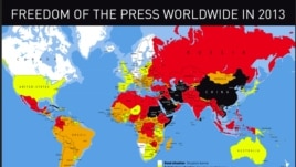 Tình hình tự do báo chí trên thế giới năm 2013 do RSF thực hiện (bấm vào hình để phóng lớn)