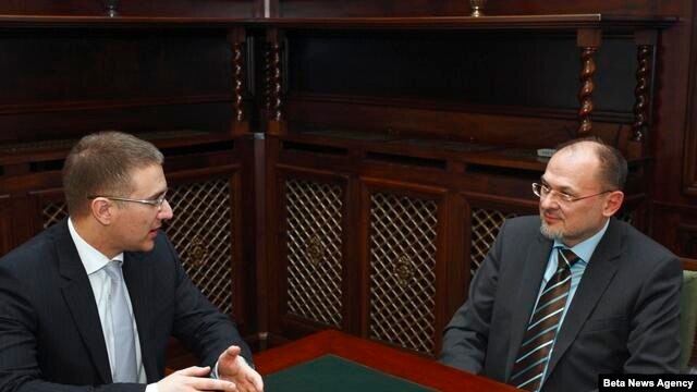 Predsednik Skupstine Srbije Nebojsa Stefanovic i izvestilac Evropskog parlamenta za Srbiju Jelko Kacin tokom susreta u Domu Narodne skupštine u Beogradu.