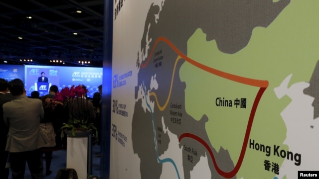 FILE - A map illustrating China's 21st-century maritime Silk Road, or the so-called "One Belt, One Road" megaproject, is displayed at the Asian Financial Forum in Hong Kong, Jan. 18, 2016.