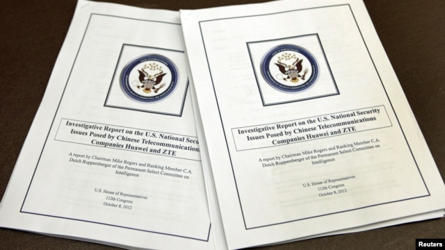 House Intelligence Committee's report on "national security threats posed by Chinese telecommunications companies Huawei and ZTE" is seen at a news conference in Washington, October 8, 2012.