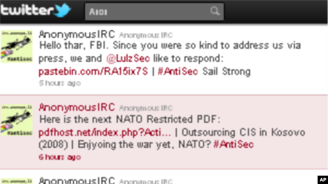 A screen capture from the AnonymousIRC Twitter account, July 21, 2011