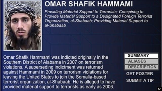 In this undated image released by the FBI, Omar Shafik Hammami is shown on the FBI's list of "most wanted terrorists."