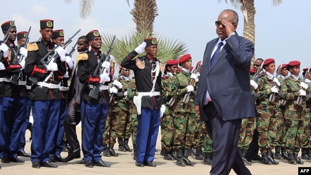 Djibouti's President Ismael Guelleh inspects a guard of honour during his inauguration on May 8, 2016 in Djibouti after his fourth re-election.  