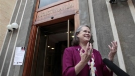 Karen King, a professor at Harvard Divinity School, is interviewed outside the Augustinianum institute in Rome, where an international congress on Coptic studies is being held, Sept. 19, 2012.