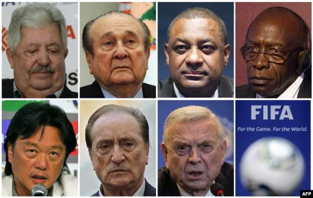 Pejabat FIFA (dari kiri ke kanan, dari atas) Rafael Esquivel, Nicolas Leoz, Jeffrey Webb, Jack Warner, Eduardo Li, Eugenio Figueredo dan Jose Maria Marin