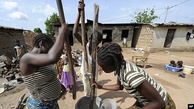 Women pound cassava in the village of Zeaglo near the Liberia border in western Ivory Coast, April 19, 2011