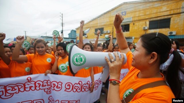 FILE - Cambodian garment workers in Phnom Penh during a protest calling for higher wages.