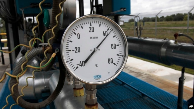 FILE - A gas pressure gauge in the boosting compressor station ''East-Poltava'' near the village of Kovalivka, Poltava region, Ukraine, June 27, 2014.