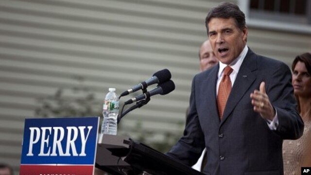Texas Gov. Rick Perry makes remarks at his first campaign event on Saturday, Aug. 13, 2011, in Greenland, New Hampshire after announcing earlier in the day that he's running for president in 2012