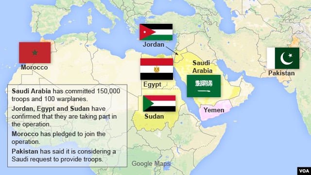 Map identifying coalition members in support of Yemen against Houthis
