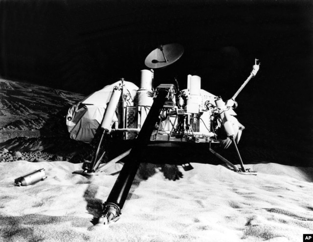 The NASA Viking Lander is pictured in a Mars simulation laboratory in this undated photo.