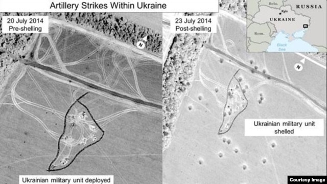 Một trong các hình ảnh do chính phủ Hoa Kỳ công bố chụp từ vệ tinh cho thấy vùng đất trước khi rocket từ phía Nga bắn vào lãnh thổ Ukraine và sau khi đó.