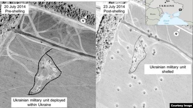 Một trong các hình ảnh chính phủ Hoa Kỳ công bố chụp từ vệ tinh cho thấy vùng đất trước khi rockết từ phia Nga bắn vào lãnh thổ Ukraine và sau khi đó