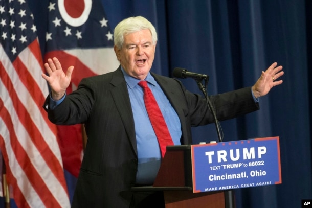 FILE - Former House Speaker Newt Gingrich speaks during a campaign rally at the Sharonville Convention Center in Cincinnati.
