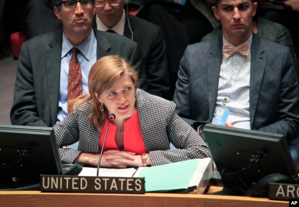 FILE - U.S. Ambassador Samantha Powers speaks after a U.N. Security Council vote on referring the Syrian crisis to the International Criminal Court for investigation of possible war crimes on May 22, 2014.