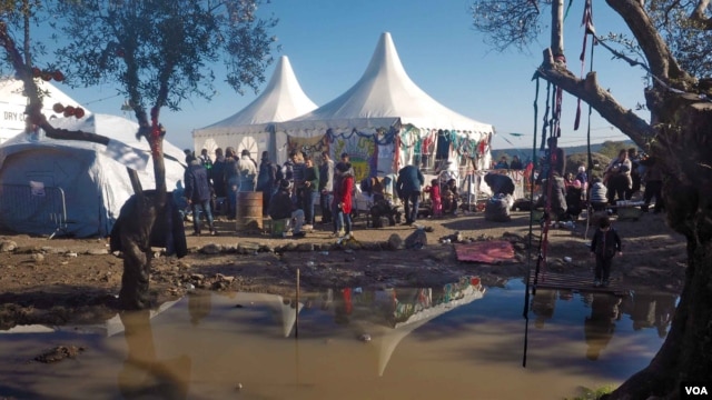 Refugees queue for tea and hot drinks after they arrive near the port on the southern part of Lesbos, Greece, Jan. 23, 2016. (H. Elrasam/VOA)