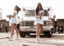 Nurse Mona [Elise Avellan, left] and Nurse Lisa [Electra Avellan] take a break from healing to wage war against an army of vigilantes.