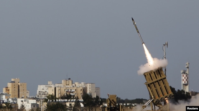 An Iron Dome launcher fires an interceptor rocket, Ashdod, Israel, November 16, 2012.