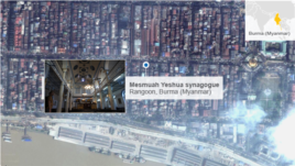 Satellite map showing location of Mesmuah Yeshua synagogue in Rangoon, Burma (also known as Myanmar)