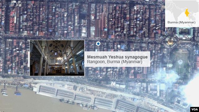 Satellite map showing location of Mesmuah Yeshua synagogue in Rangoon, Burma (also known as Myanmar)