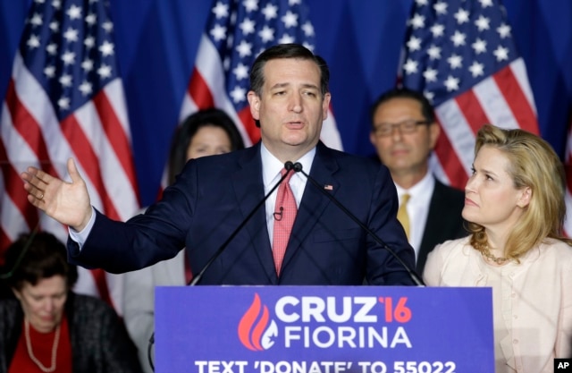 Republican presidential candidate Ted Cruz, accompanied by his wife, Heidi, officially suspends his White House bid in Indianapolis, after suffering defeat in the Indiana GOP primary, May 3, 2016.