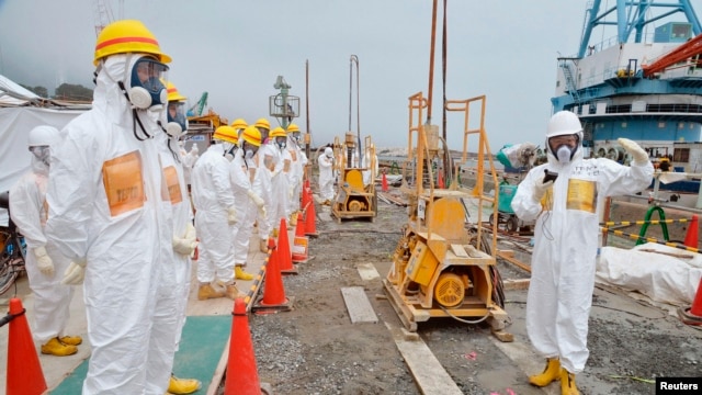 Thành viên của quận Fukushima, giám sát tình trạng an toàn của việc ngưng hoạt động của nhà máy hạt nhân, đang kiểm tra nơi xây bức tường chắn để phóng xạ không rò rỉ ra biển